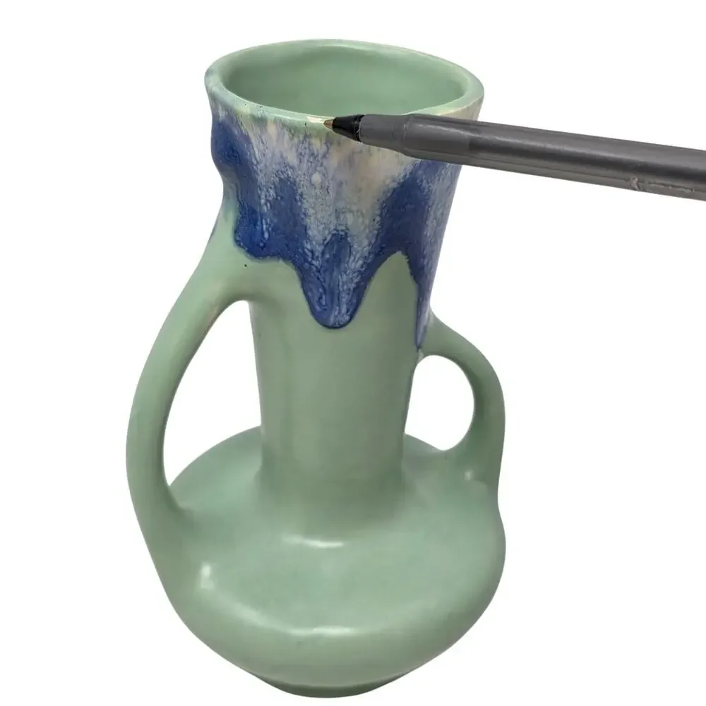 Vintage Double Handle Vase Mint Green Blue Drip Glaze Art Pottery 6.5